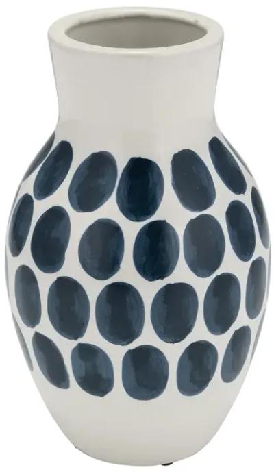 Cer, 10"h Navy Polk-a-dot Flower Vase, White