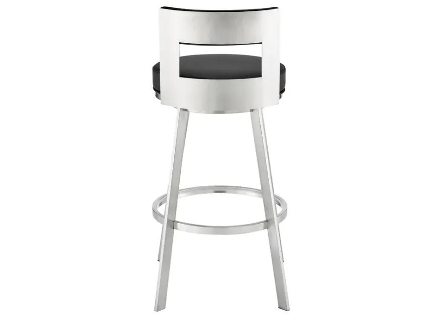 Lynof Swivel Counter Stool in Brushed Stainless Steel with Black Faux Leather