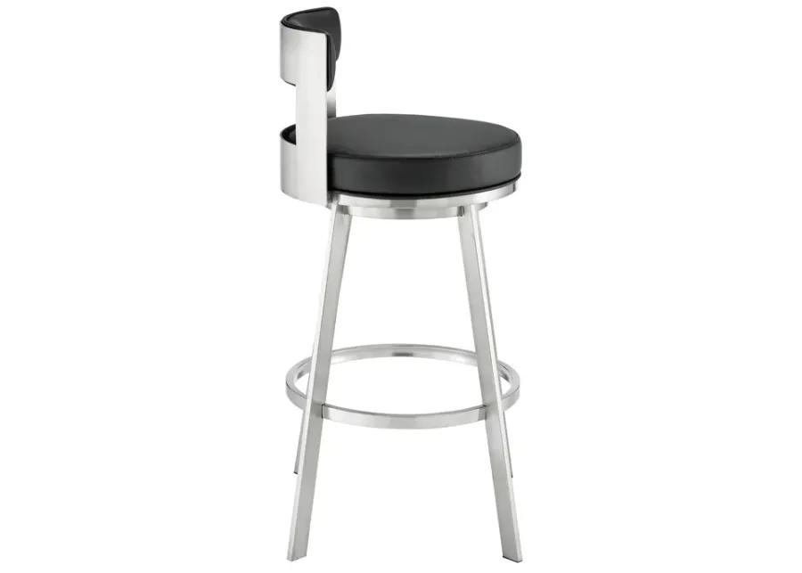 Lynof Swivel Counter Stool in Brushed Stainless Steel with Black Faux Leather