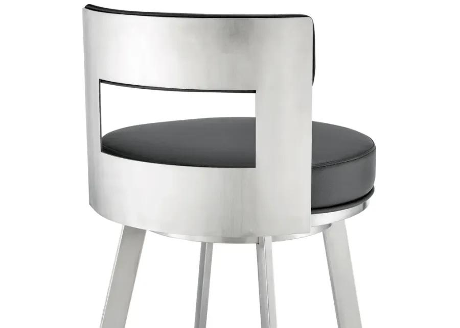 Lynof Swivel Counter Stool in Brushed Stainless Steel with Black Faux Leather