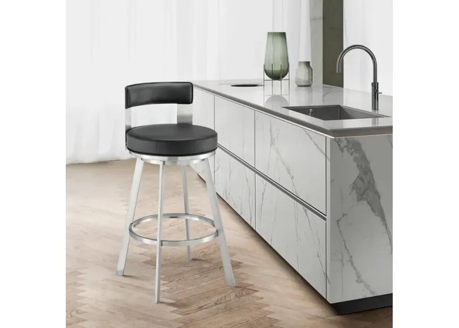 Lynof Swivel Bar Stool in Brushed Stainless Steel with Black Faux Leather