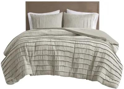 Beautyrest Maddox Natural 3 Piece Striated Cationic Dyed Oversized Comforter Set With Pleats