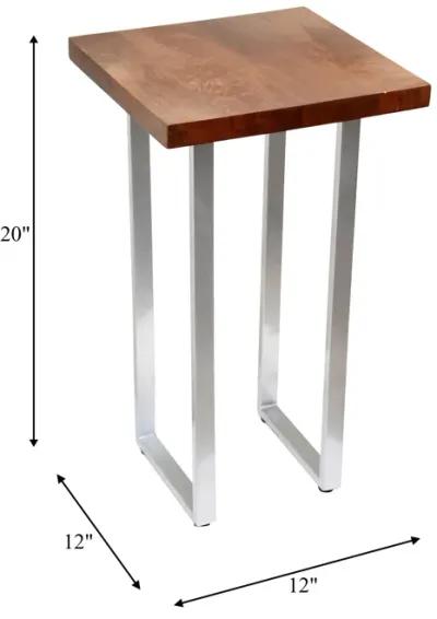 Metal, 20" Square Wood Top Accent Table, Silver