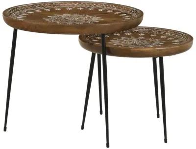 Nuala 2-piece Round Nesting Table with Tripod Tapered Legs Honey and Black