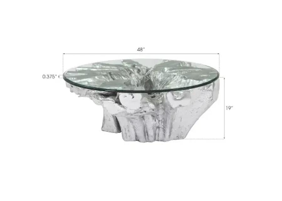 otis root cast coffee table with glass, silver leaf