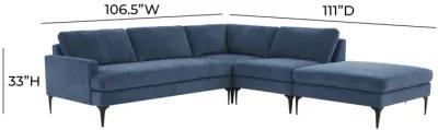 Serena Blue Velvet Large RAF Chaise Sectional with Black Legs