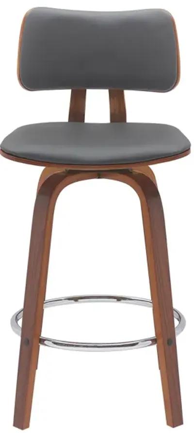 Pico 26" Swivel Walnut Wood Counter Stool in Gray Faux Leather with Chrome