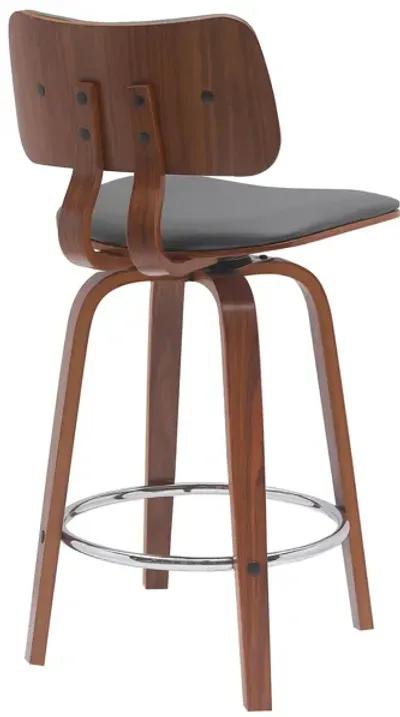 Pico 26" Swivel Walnut Wood Counter Stool in Gray Faux Leather with Chrome