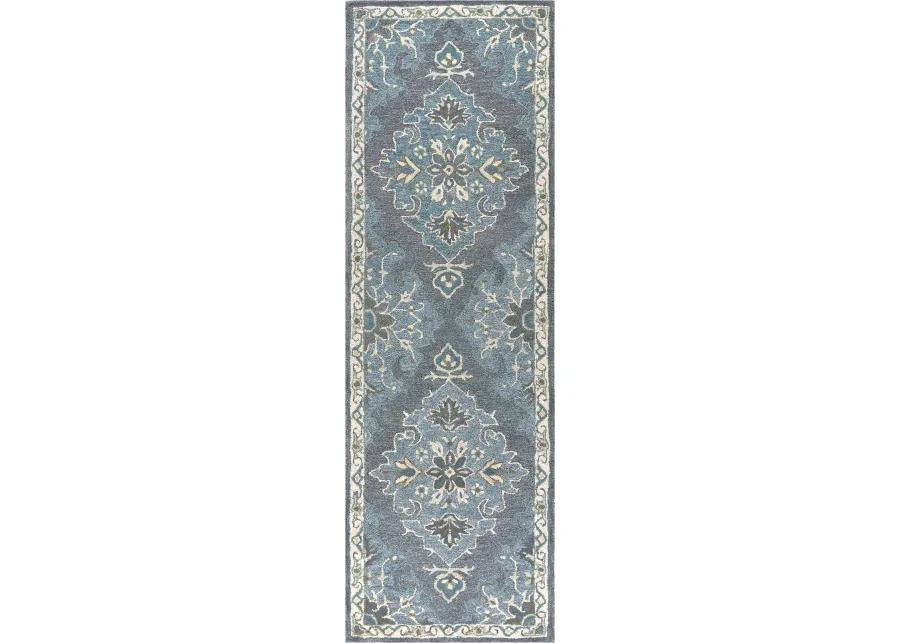 Resonant Dk.Gray/Gray Blue Central Medallion Wool 2'6" x 8' Runner Rug