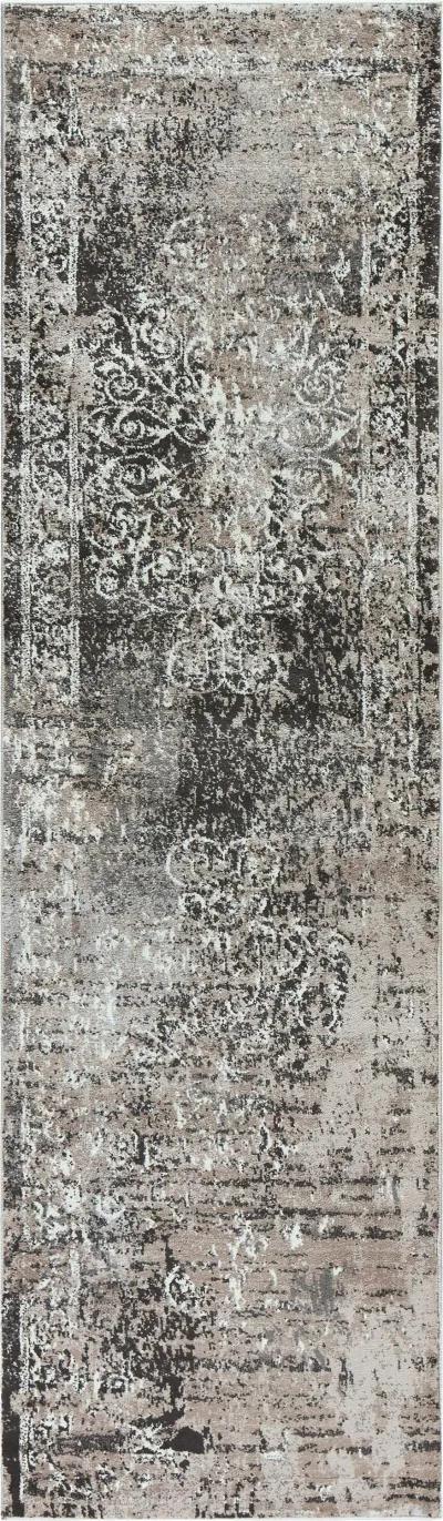 Panache Taupe/Gray Central Medallion Scroll work Distress  Polypropylene 2'3" x 7'7" Runner Rug