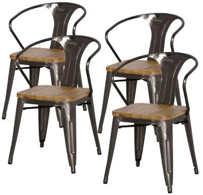 Metropolis Metal Dining Side Arm Chair Wood Seat, Gunmetal (Set of 4)