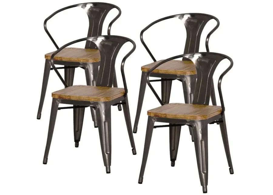 Metropolis Metal Dining Side Arm Chair Wood Seat, Gunmetal (Set of 4)