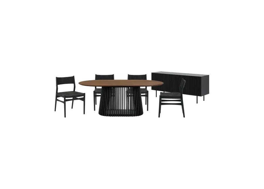 Pasadena Erie 6 Piece Oval Dining Set with Buffet and Paper Cord Chairs in Black Finish with Walnut Finish Table Top