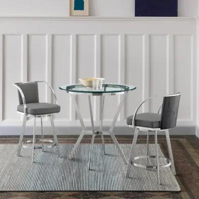 Naomi and Livingston 3-Piece Counter Height Dining Set in Brushed Stainless Steel and Grey Faux Leather