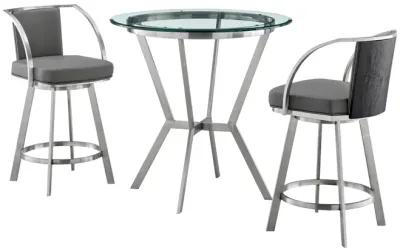 Naomi and Livingston 3-Piece Counter Height Dining Set in Brushed Stainless Steel and Grey Faux Leather