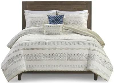 Madison Park Fraser Taupe/Blue 5 Piece Printed Seersucker Comforter Set with Throw Pillows