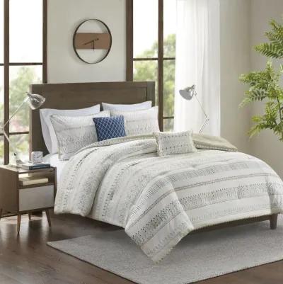 Madison Park Fraser Taupe/Blue 5 Piece Printed Seersucker Comforter Set with Throw Pillows