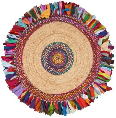 Nature Multicolored/ Tan Bohemian Chindi Cotton Blend Indoor  Round  Area Rug 5'6"