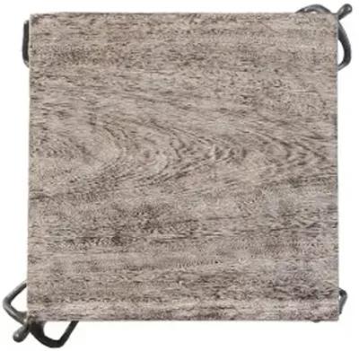 atlas side table, chamcha wood, gray stone finish, metal