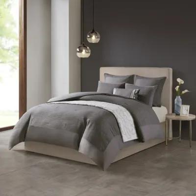 N Natori Hanae Grey Cotton Blend Yarn Dyed 3 Piece Comforter Set