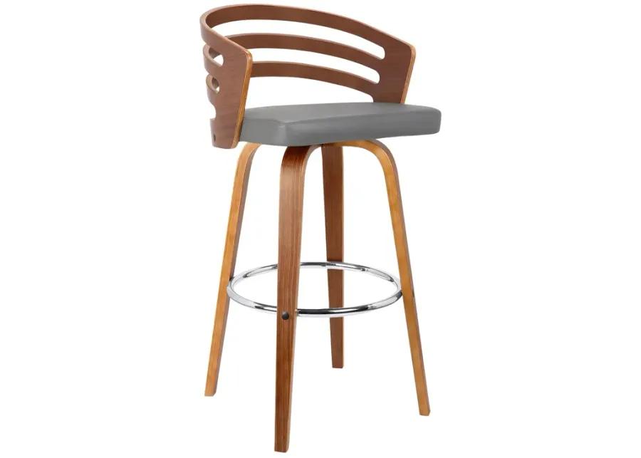 Jayden 30" Bar Height Swivel Grey Faux Leather and Walnut Wood Bar Stool