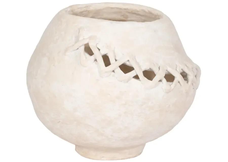 10" Stitched Paper Mache Round Vase, White