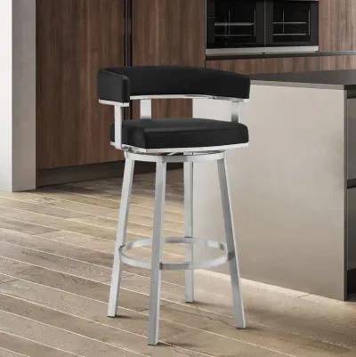 Cohen 30" Black Faux Leather and Brushed Stainless Steel Swivel Bar Stool