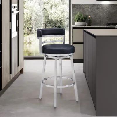 Titana 26" Counter Height Swivel Black Faux Leather and Brushed Stainless Steel Bar Stool