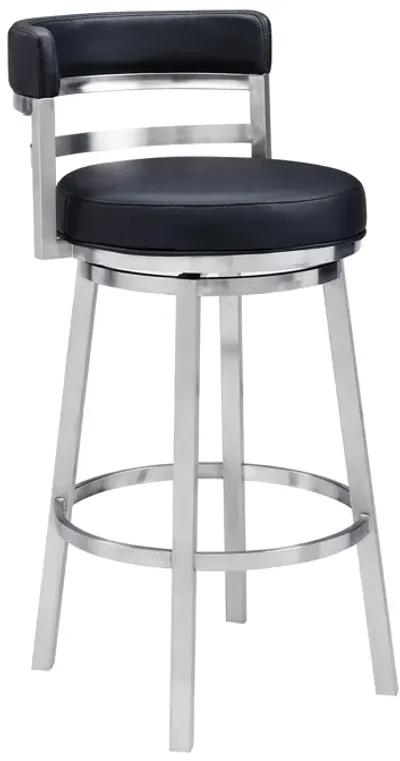 Titana 26" Counter Height Swivel Black Faux Leather and Brushed Stainless Steel Bar Stool