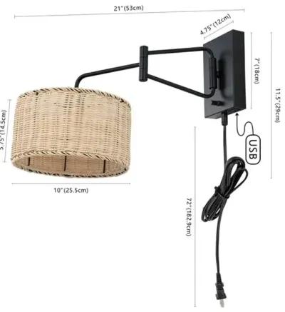 BRAMLEY, 21 INCH, NATURAL/BLACK, RATTAN/IRON WALL SCONCE SET OF 2 ?W/ USB PORT?