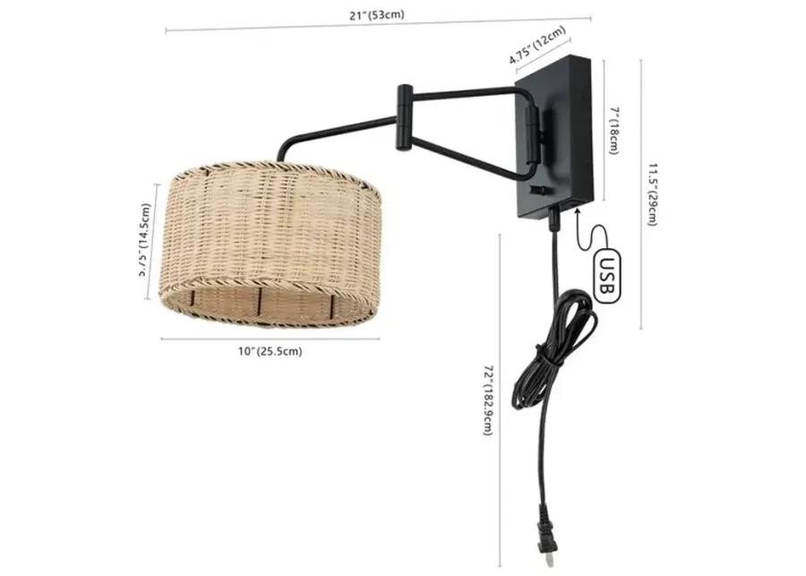 BRAMLEY, 21 INCH, NATURAL/BLACK, RATTAN/IRON WALL SCONCE SET OF 2 ?W/ USB PORT?