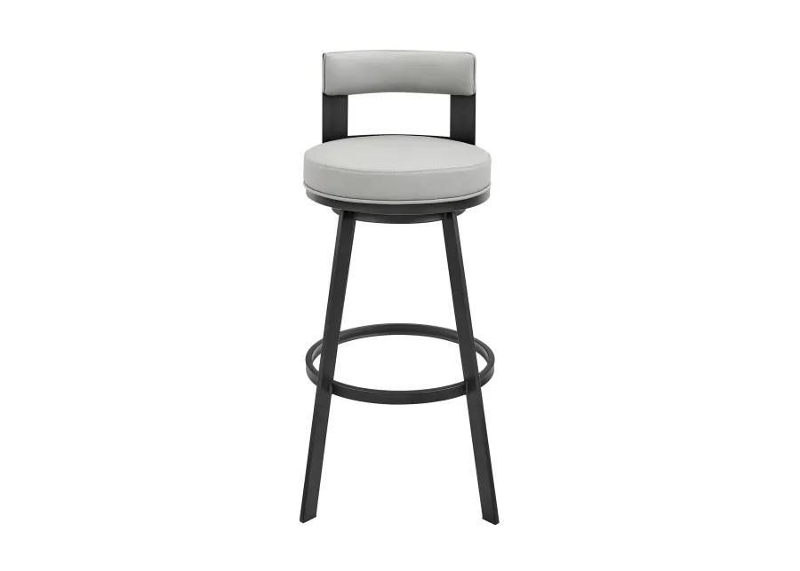 Lynof Swivel Bar Stool in Black Metal with Light Gray Faux Leather