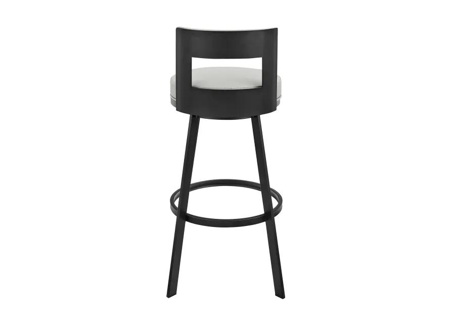 Lynof Swivel Bar Stool in Black Metal with Light Gray Faux Leather