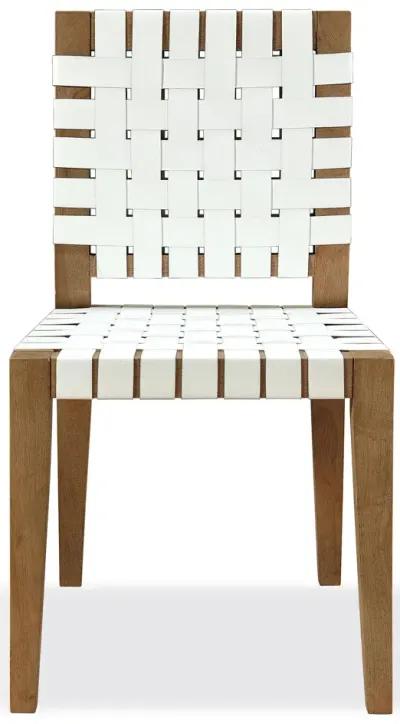 One Woven Leather and Solid Wood Dining Side Chair in White and Bisque