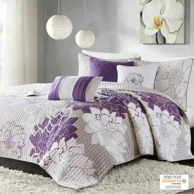 Madison Park Lola Purple 6 Piece Printed Cotton Quilt Set with Throw Pillows