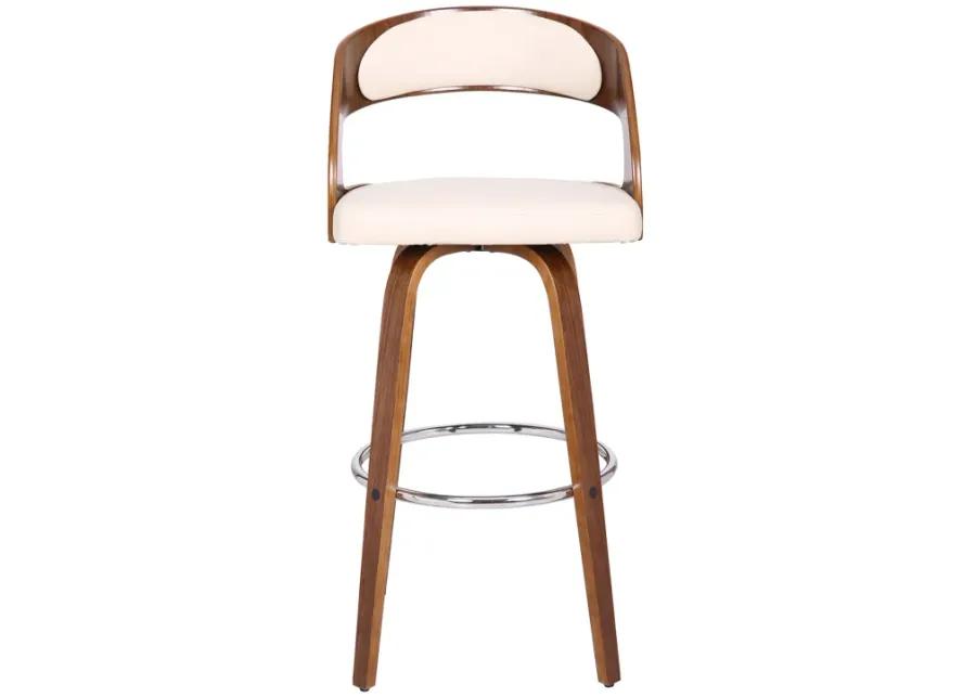 Shelly 30" Bar Height Swivel Cream Faux Leather and Walnut Wood Bar Stool