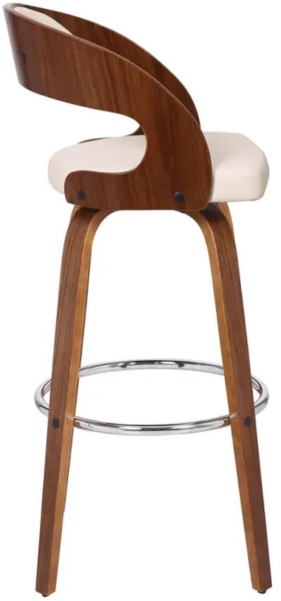 Shelly 30" Bar Height Swivel Cream Faux Leather and Walnut Wood Bar Stool