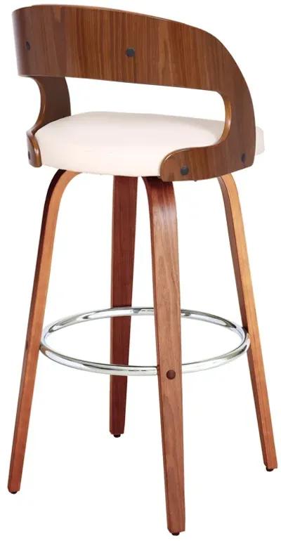 Shelly 30" Bar Height Swivel Cream Faux Leather and Walnut Wood Bar Stool