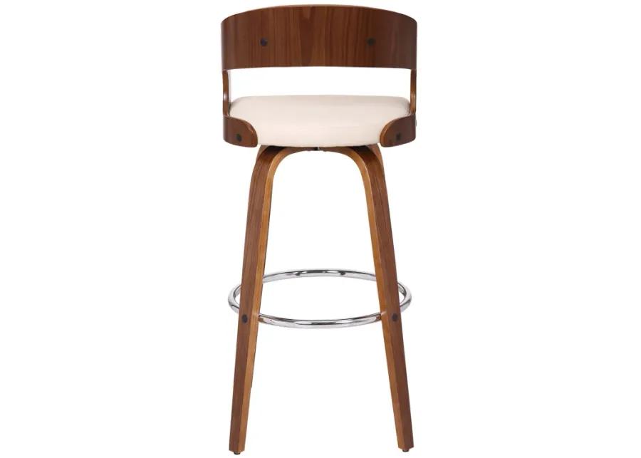 Shelly 30" Bar Height Swivel Cream Faux Leather and Walnut Wood Bar Stool