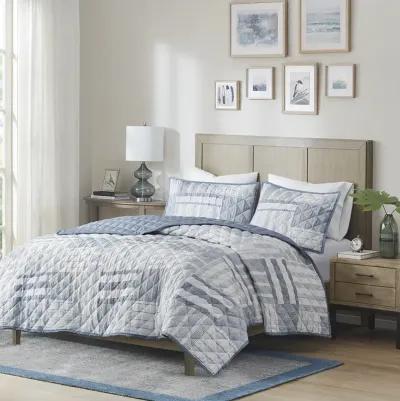 Madison Park Graham Blue 3 Piece Jacquard Patchwork Quilt Set