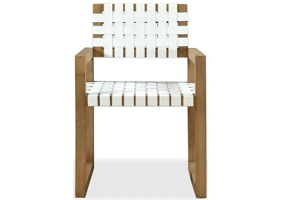 One Woven Leather and Solid Wood Dining Arm Chair in White and Bisque