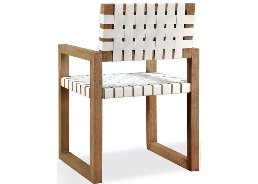 One Woven Leather and Solid Wood Dining Arm Chair in White and Bisque