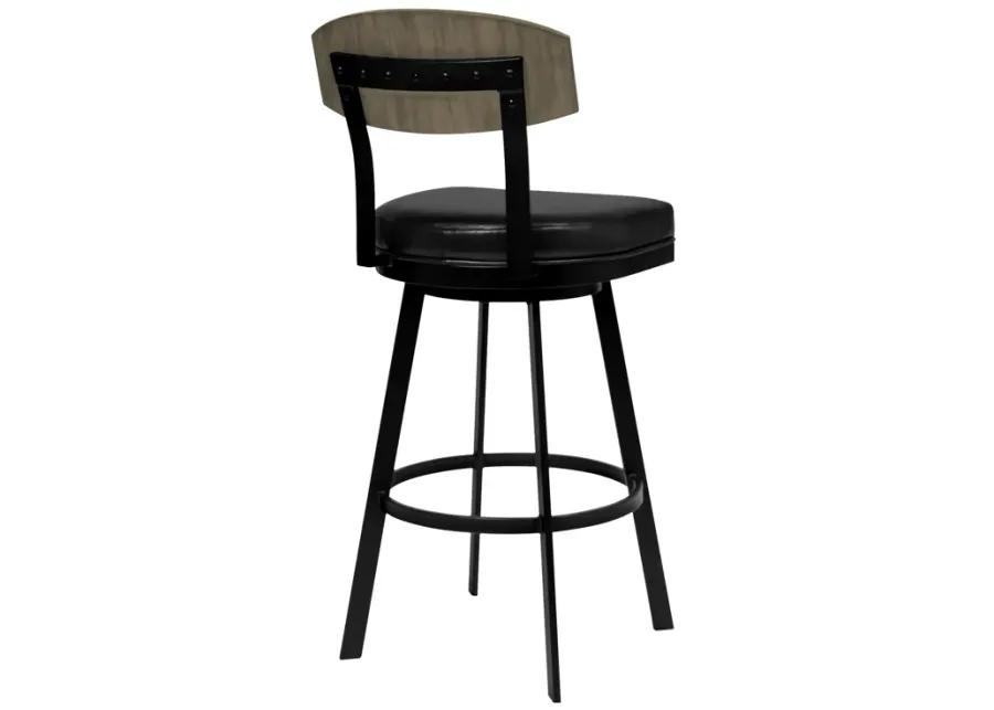 Frisco 30" Bar Height Barstool in Matte Black Finish with Black Faux Leather and Gray Walnut