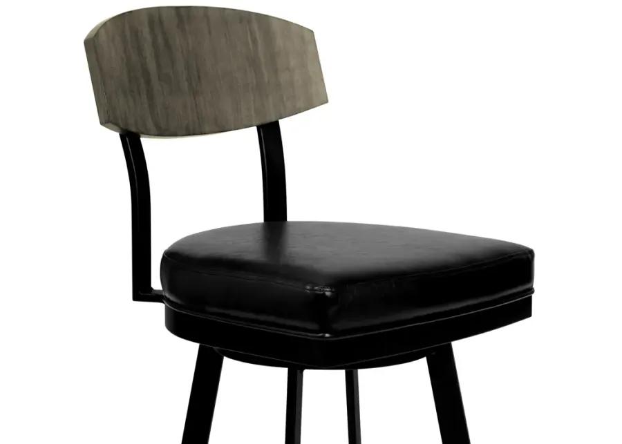 Frisco 30" Bar Height Barstool in Matte Black Finish with Black Faux Leather and Gray Walnut