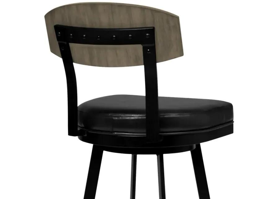 Frisco 30" Bar Height Barstool in Matte Black Finish with Black Faux Leather and Gray Walnut