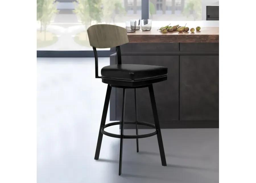 Frisco 30" Bar Height Barstool in Matte Black Finish with Black Faux Leather and Gray Walnut