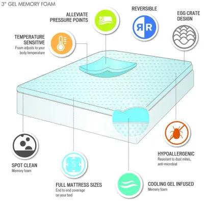 Sleep Philosophy 3" Gel Memory Foam Blue All Season Reversible Hypoallergenic Cooling Mattress Topper