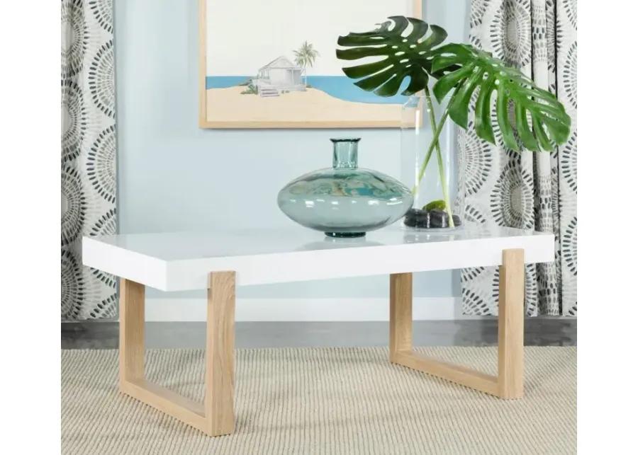 Pala Rectangular Coffee Table with Sled Base White High Gloss and Natural