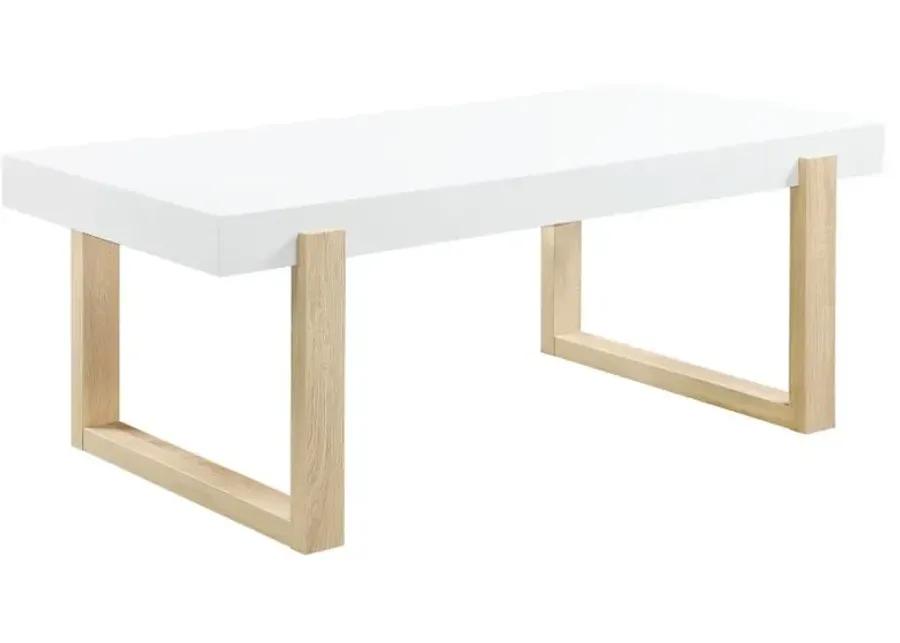 Pala Rectangular Coffee Table with Sled Base White High Gloss and Natural