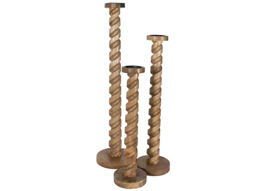 Wood, 30" Spiral Floor Pillar Candleholder, Natura